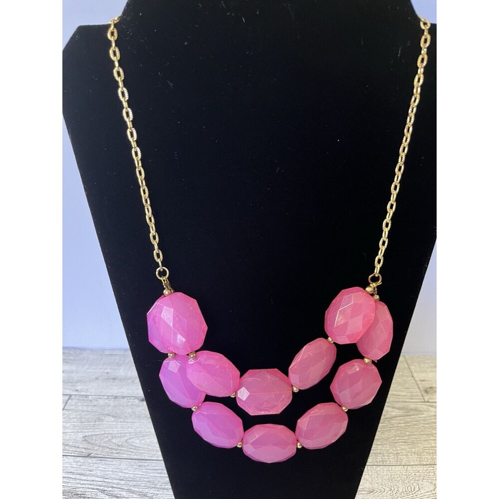 Pink Acrylic Beads Gold Tone Chain Link Statement Necklace Costume Jewelry 23"